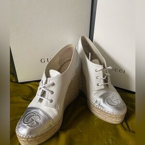Gucci Pilar Leather Platform Wedge Heel Espadrilles